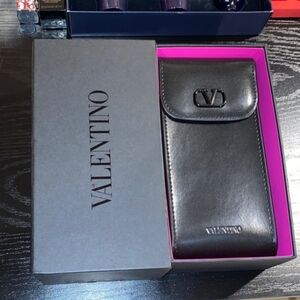 Valentino Black Leather Phone Pouch with Logo